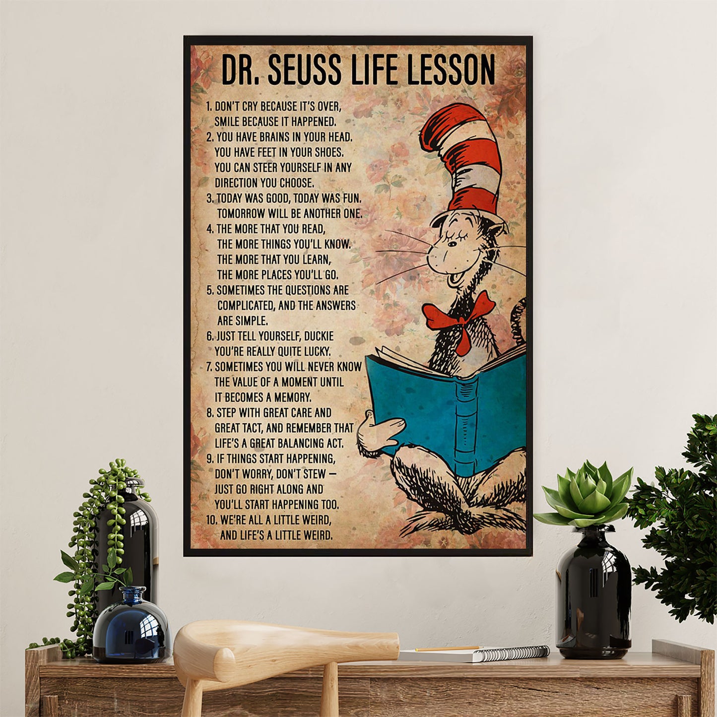 Books Lover Poster Prints | Dr.Seuss Life Lesson | Wall Art Gift for Books Reader