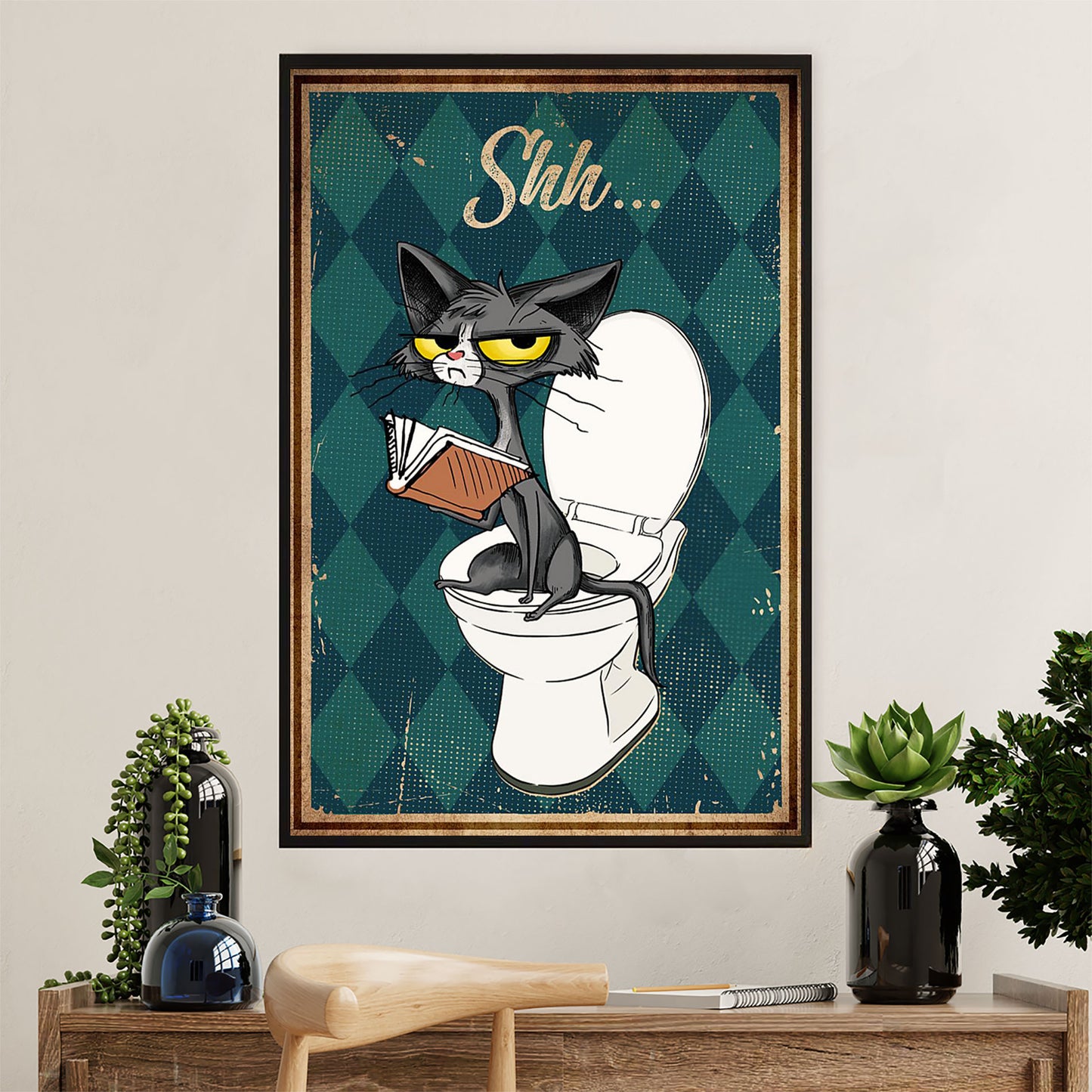 Books Lover Canvas Prints | Funny Cat in Toilet - Shh | Wall Art Gift for Books Reader