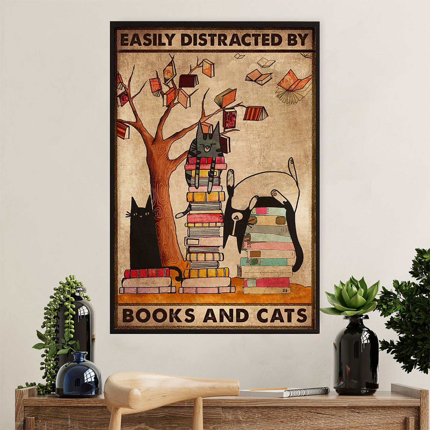 Books Lover Canvas Prints | Easily Distracted By Books & Cats | Wall Art Gift for Books Reader