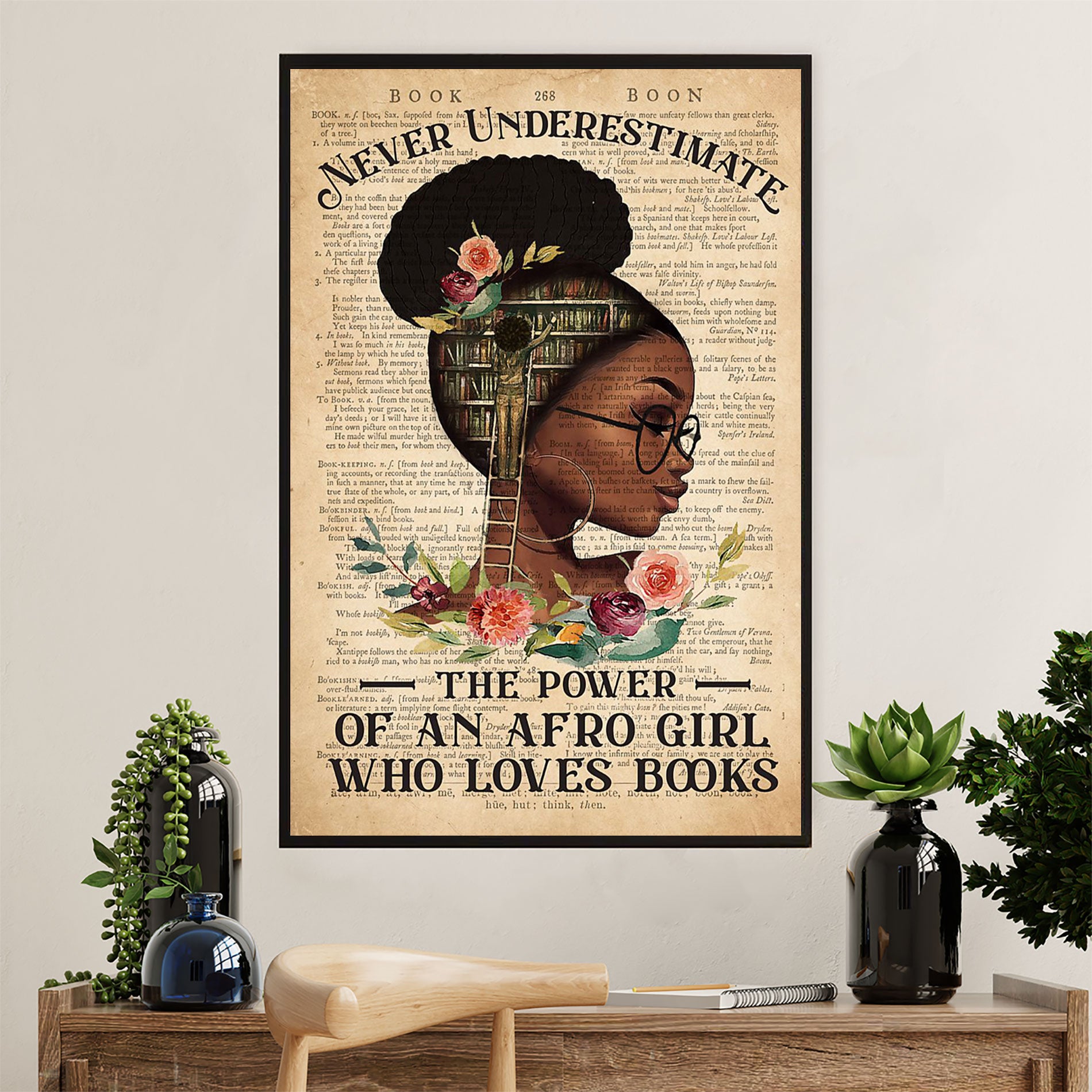 Books Lover Poster Prints | Never Underestimate The Power Of An Afro Girl With A Book | Wall Art Gift for Books Reader