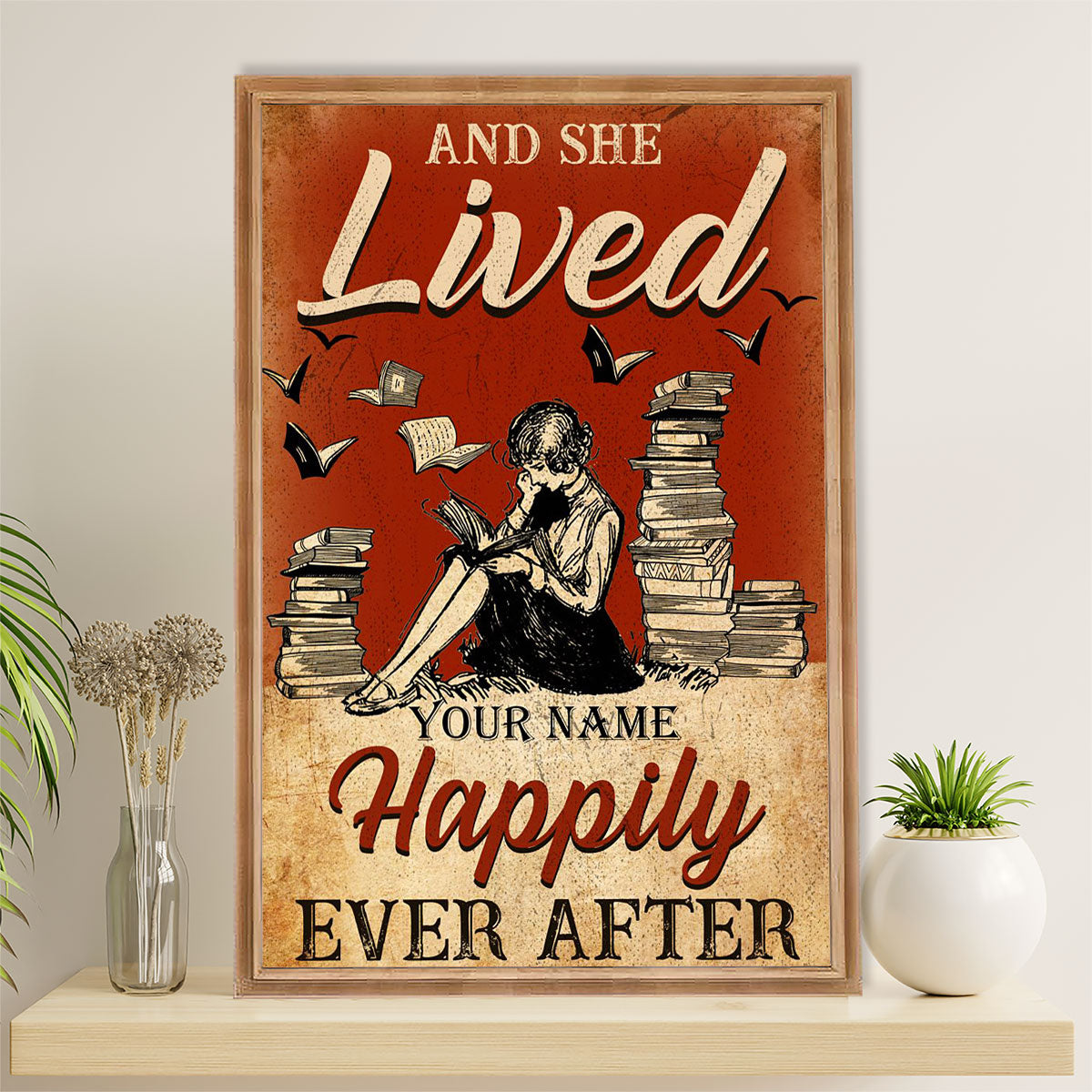 Books Lover Canvas Prints | Personalized Woman's Name - And She Lived Happily | Wall Art Gift for Books Reader