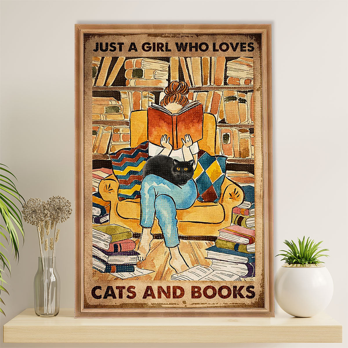 Books Lover Poster Prints | Just A Girl Who Loves Books & Cats | Wall Art Gift for Books Reader