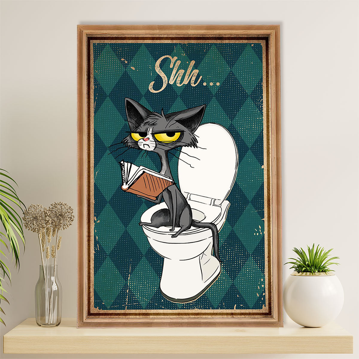 Books Lover Poster Prints | Funny Cat in Toilet - Shh | Wall Art Gift for Books Reader