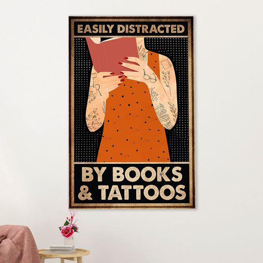 Books Lover Canvas Prints | Easily Distracted by Books & Tattoos | Wall Art Gift for Books Reader