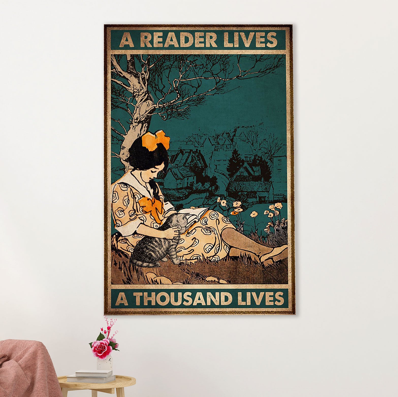 Books Lover Canvas Prints | Girl & Cat - A Reader Lives A Thousand Lives | Wall Art Gift for Books Reader