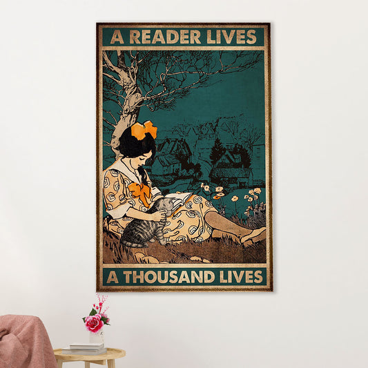 Books Lover Canvas Prints | Girl & Cat - A Reader Lives A Thousand Lives | Wall Art Gift for Books Reader