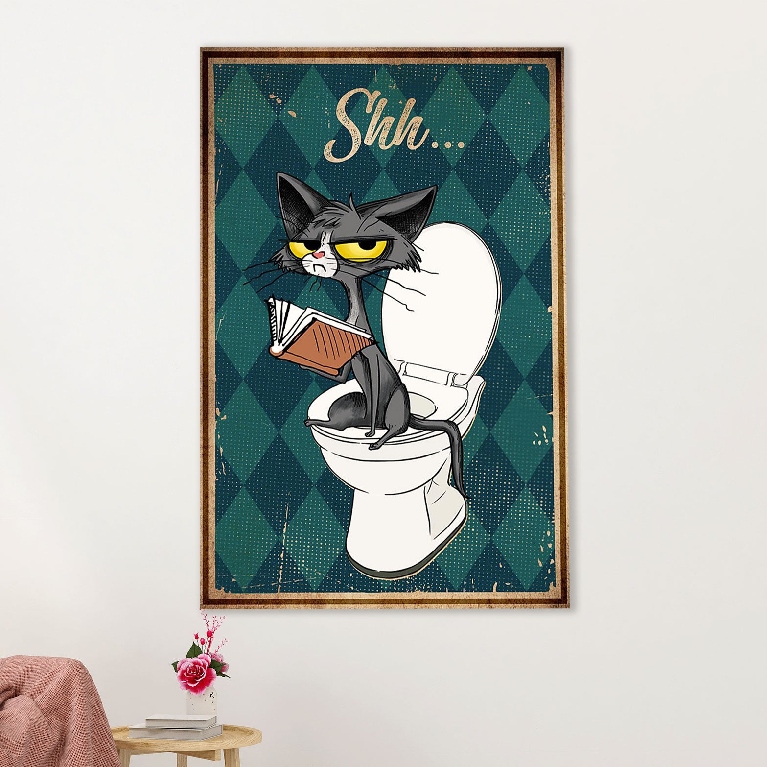 Books Lover Poster Prints | Funny Cat in Toilet - Shh | Wall Art Gift for Books Reader