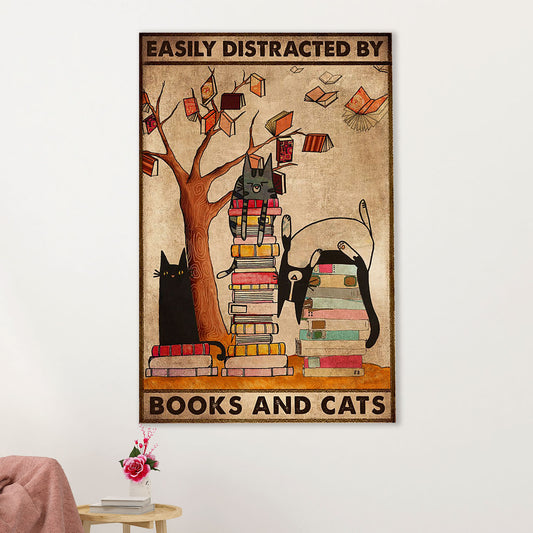 Books Lover Canvas Prints | Easily Distracted By Books & Cats | Wall Art Gift for Books Reader