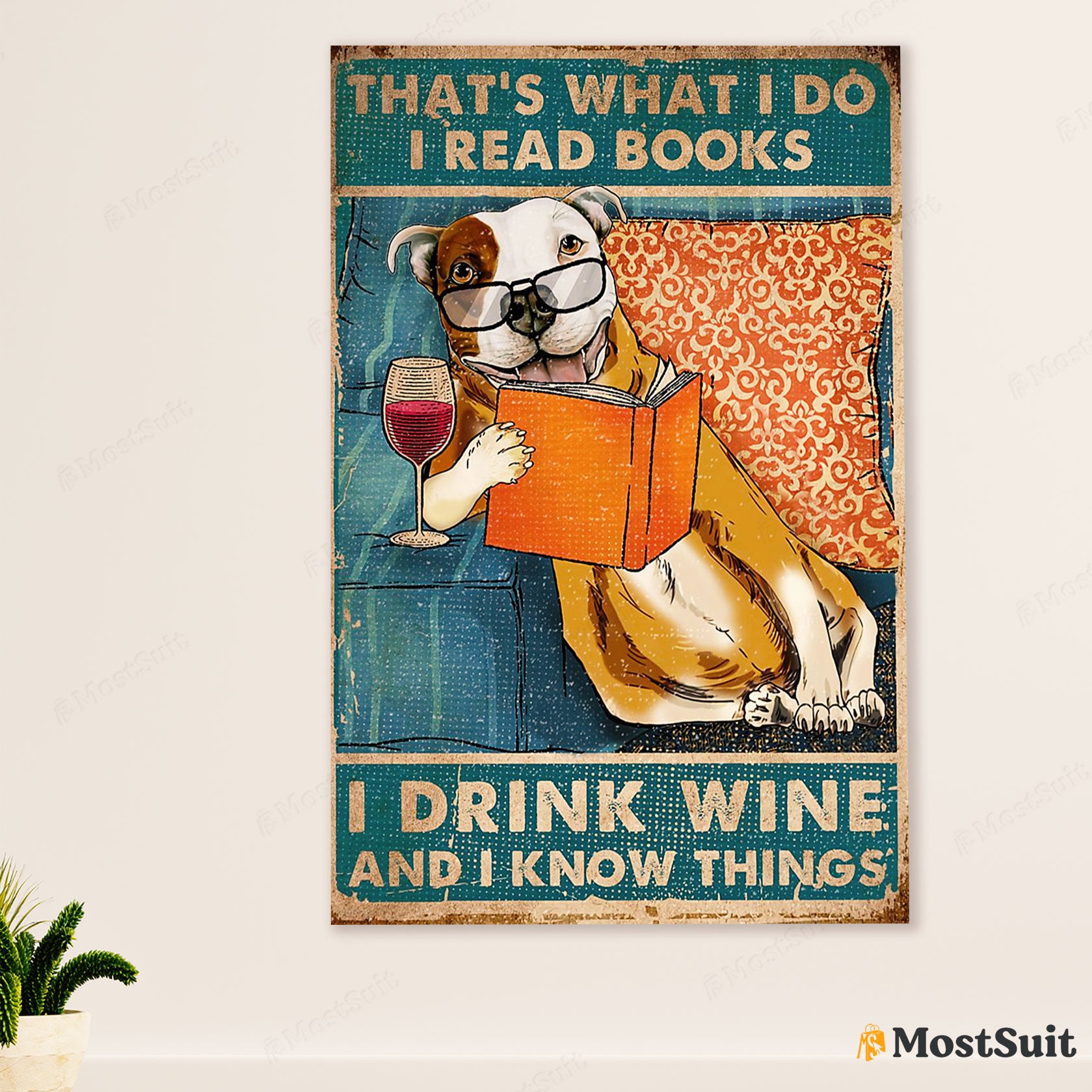 Pitbull Book Wine Poster - Dog Wall Art For Living Room - Gifts for Pitbull Lovers Mom Dad