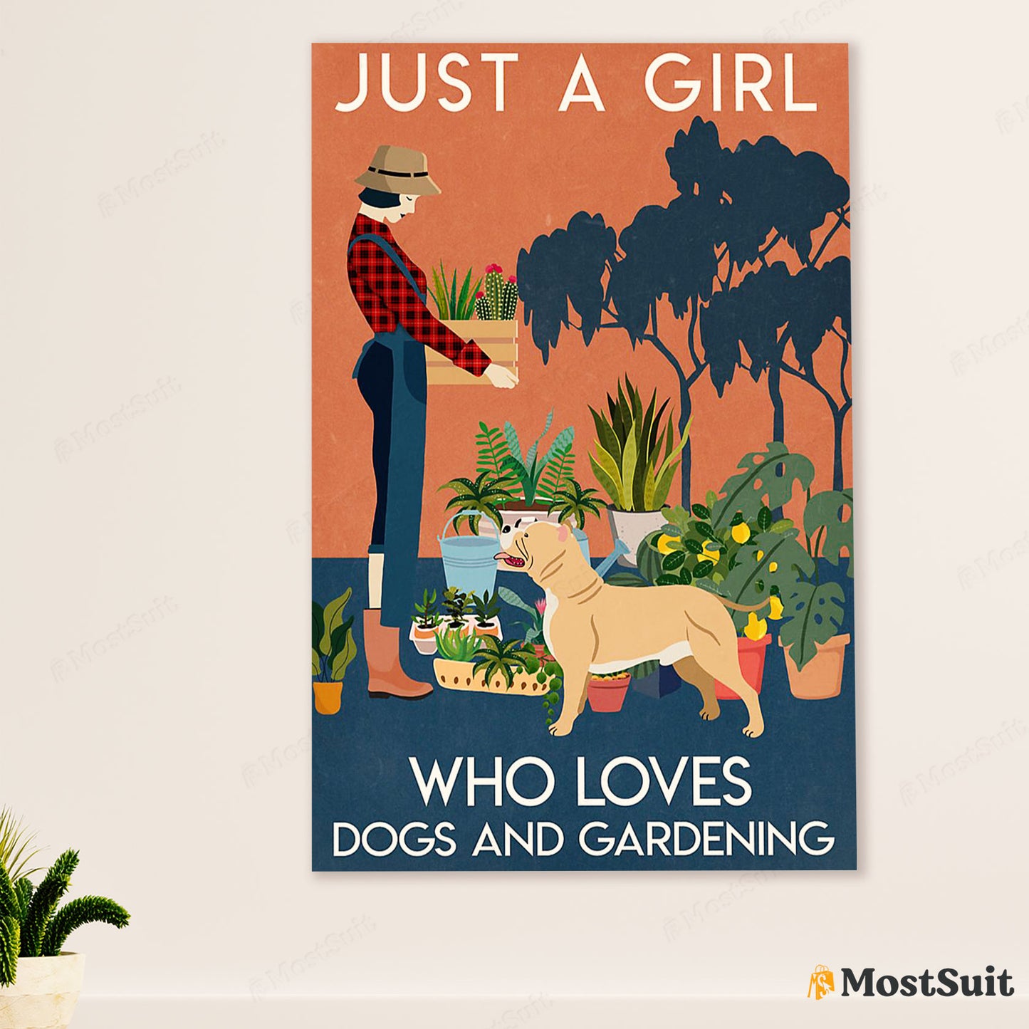 Girl Loves Pitbull Gardening Poster - Dog Wall Art For Living Room - Gifts for Pitbull Lovers Mom Dad