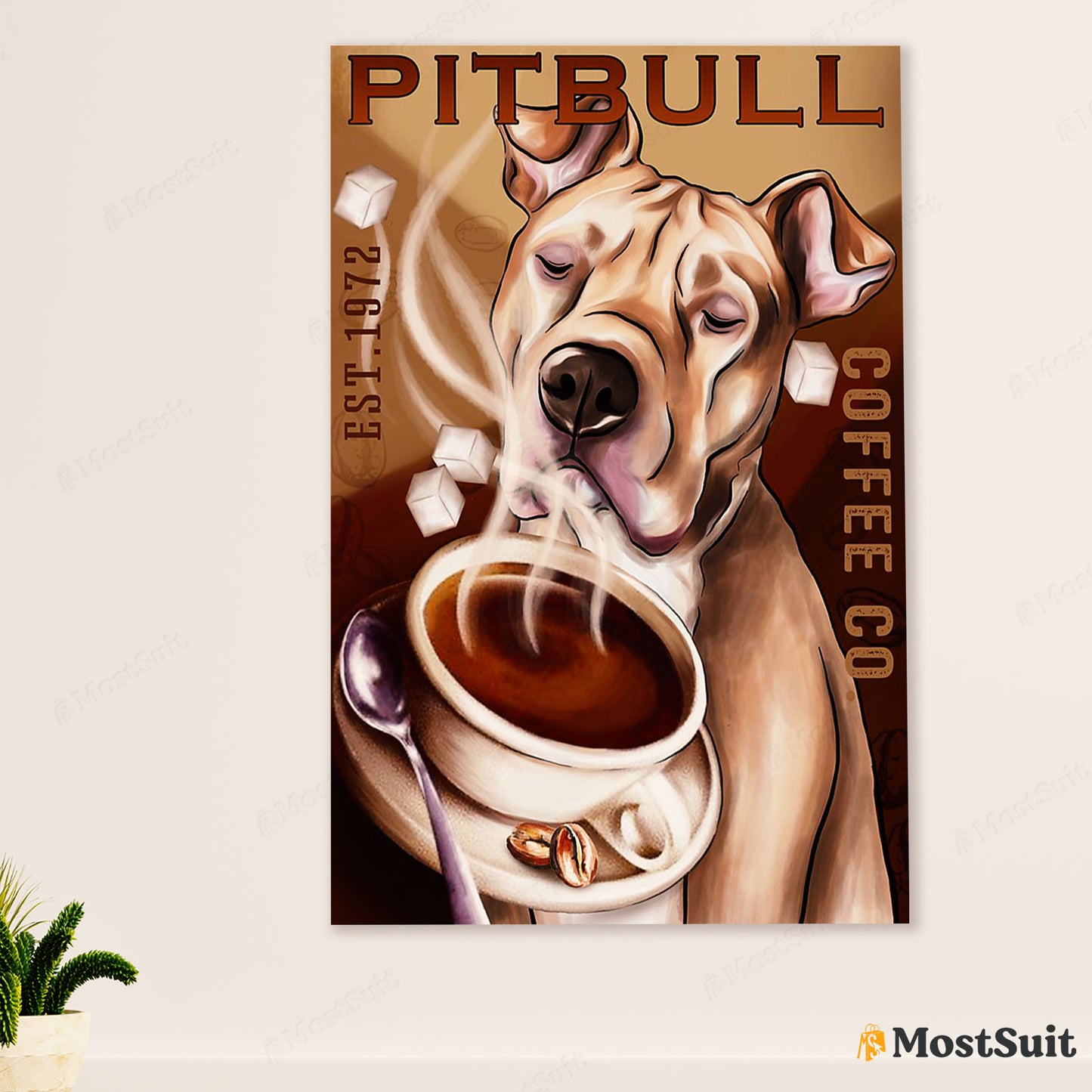 Coffee Pitbull Poster - Dog Wall Art For Living Room - Gifts for Pitbull Lovers - Pitbull Coffee