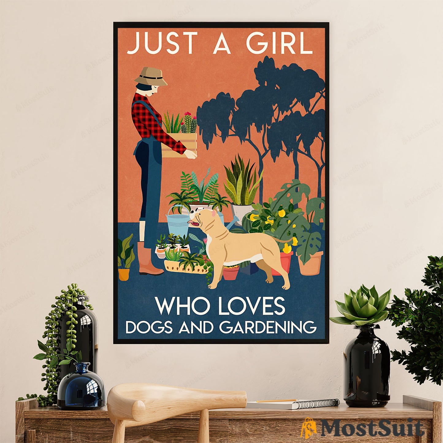 Girl Loves Pitbull Gardening Poster - Dog Wall Art For Living Room - Gifts for Pitbull Lovers Mom Dad
