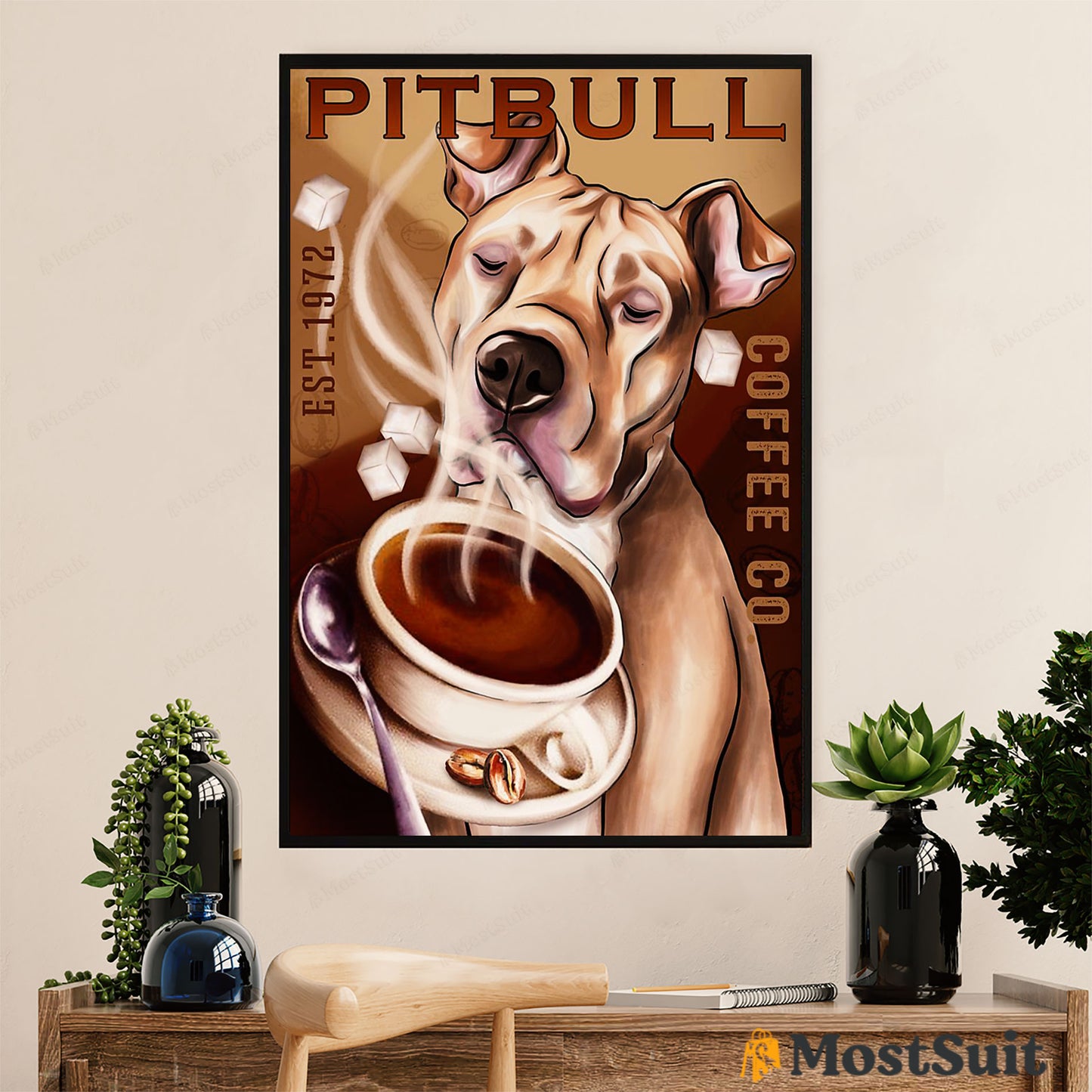Coffee Pitbull Poster - Dog Wall Art For Living Room - Gifts for Pitbull Lovers - Pitbull Coffee
