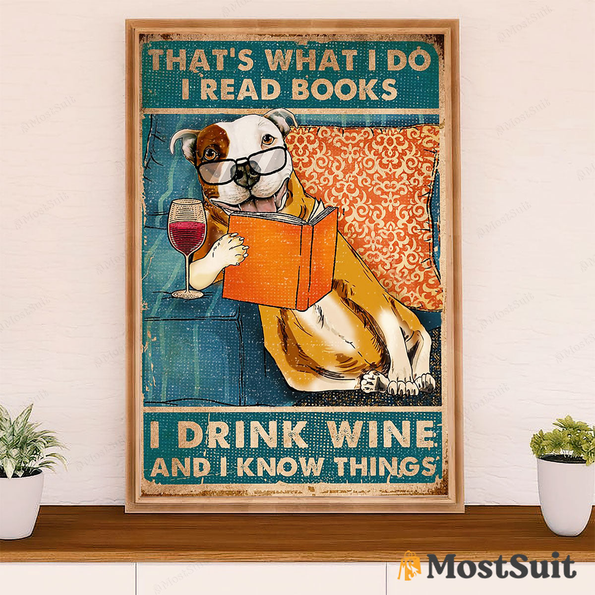 Pitbull Book Wine Poster - Dog Wall Art For Living Room - Gifts for Pitbull Lovers Mom Dad