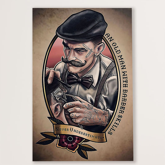 Hairdresser Canvas Never Underestimate An Old Man With Barber Skills | Wall Art Gift for Hairstylists