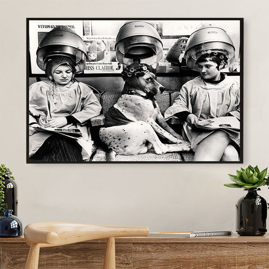 Hairdresser Poster Woman Go To Hair Salon with Dog | Wall Art Gift for Hairstylists