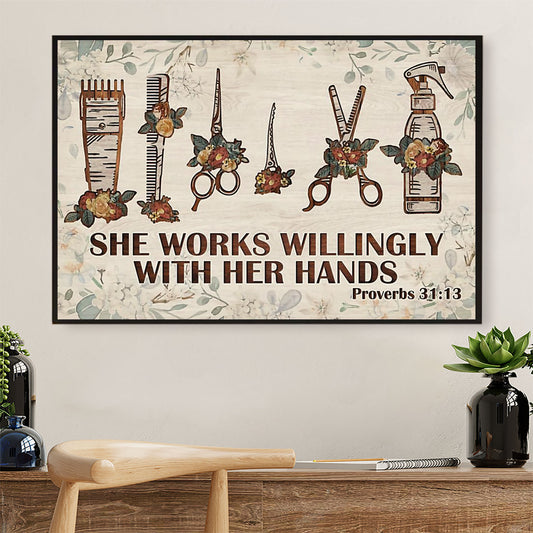 Hairdresser Poster She Works Willingly With Her Hands | Wall Art Gift for Hairstylists
