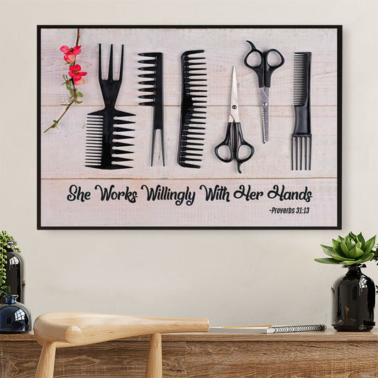 Hairdresser Poster She Works Willingly With Her hands | Wall Art Gift for Hairstylists