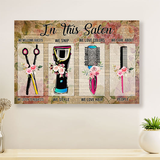 In This Salon We Welcome Guests - Hairdresser Canvas Wall Art | Home Décor Gift for Hairstylists