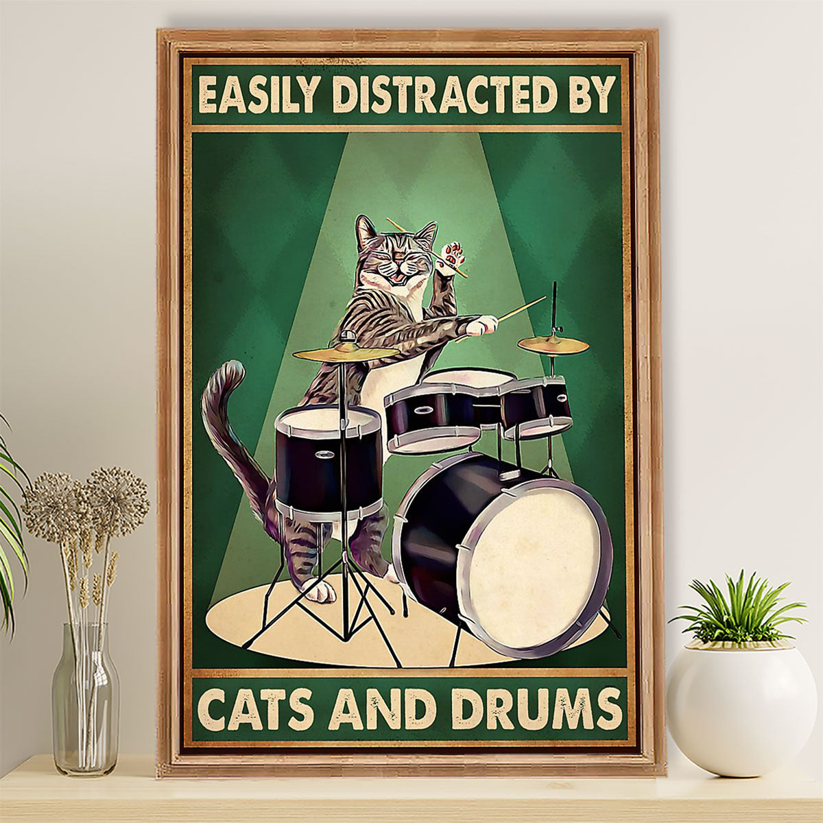 Drumming Poster Easily Distracted by Cats & Drums | Wall Art Gift for Drummers