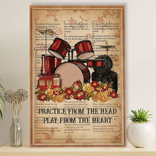 Drumming Poster Practice From The Head, Play From The Heart | Wall Art Gift for Drummers