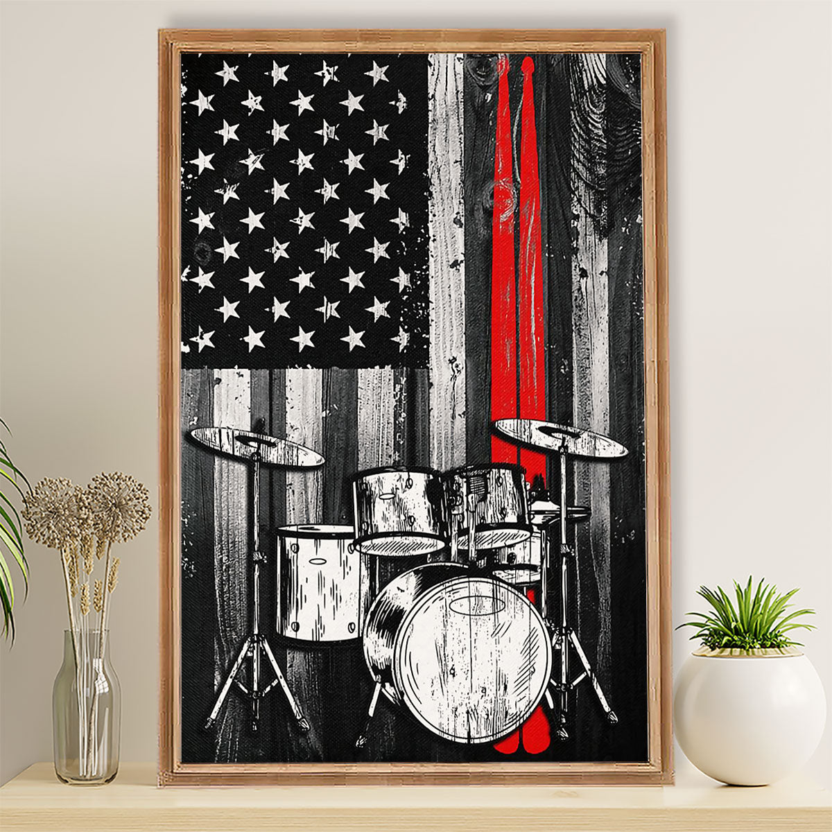 Drumming Canvas American Flag Drum Set | Wall Art Gift for Drummers