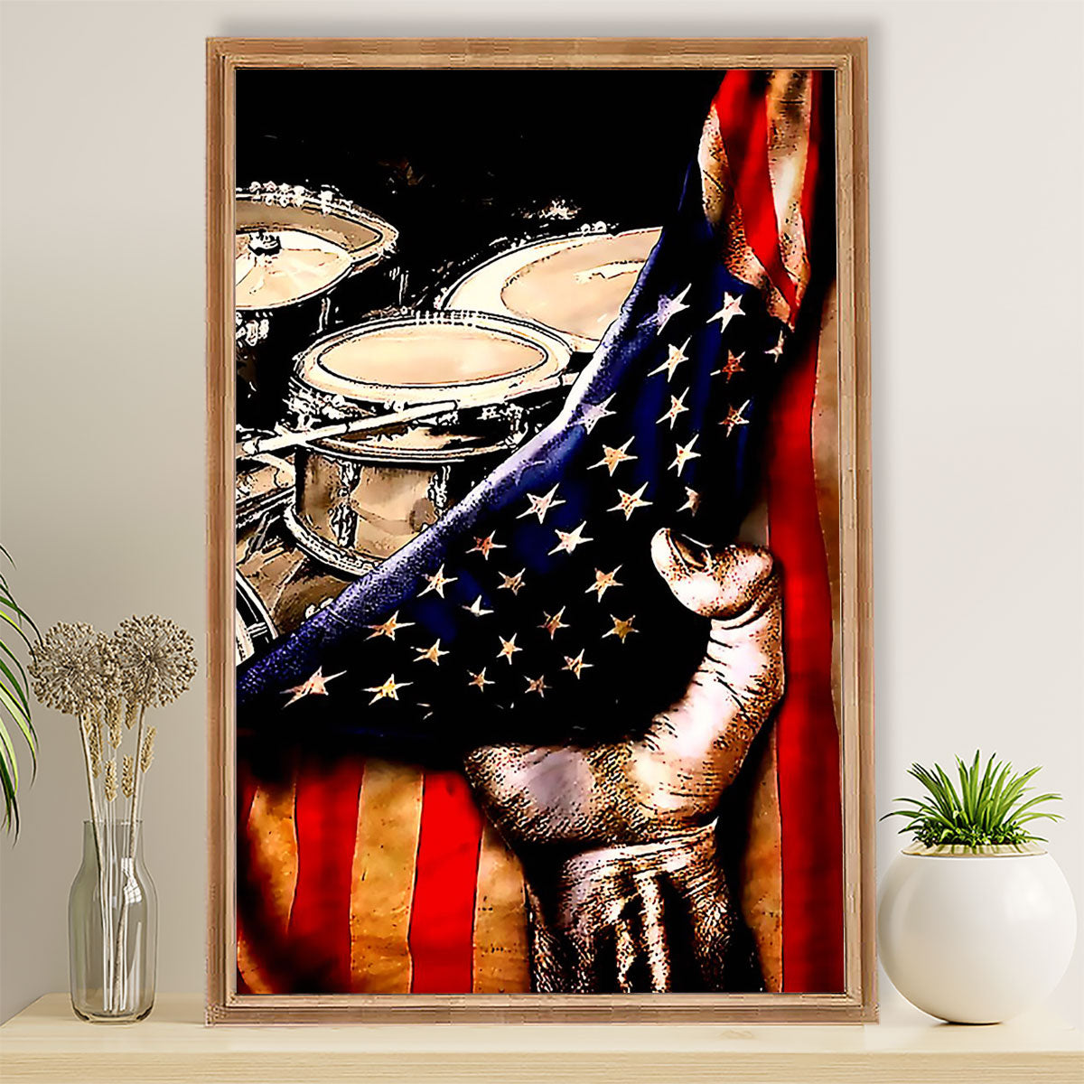 Drumming Canvas American Flag Drum Set | Wall Art Gift for Drummers
