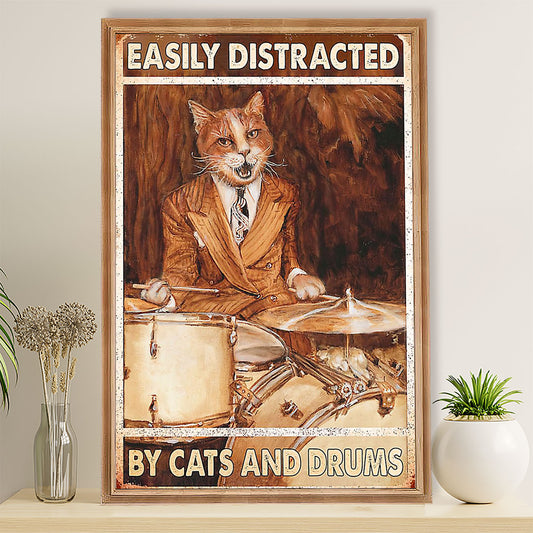 Drumming Poster Easily Distracted by Cats & Drums | Wall Art Gift for Drummers