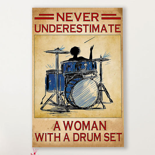 Drumming Canvas Never Underestimate A Woman With A Drum Set | Wall Art Gift for Drummers