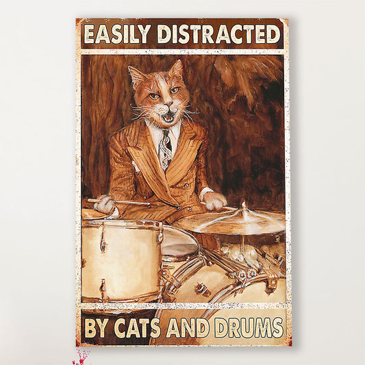 Drumming Canvas Easily Distracted by Cats & Drums | Wall Art Gift for Drummers