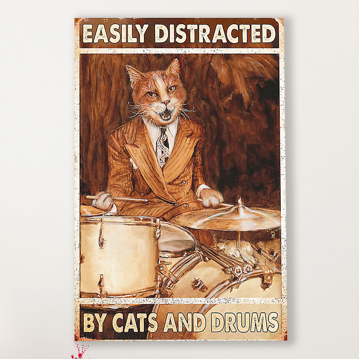 Drumming Poster Easily Distracted by Cats & Drums | Wall Art Gift for Drummers