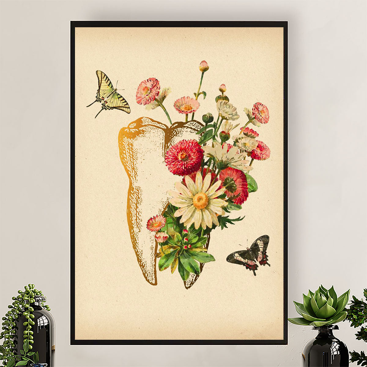 Dental Canvas Flower Tooth Art Painting | Wall Art Gift for Dentist
