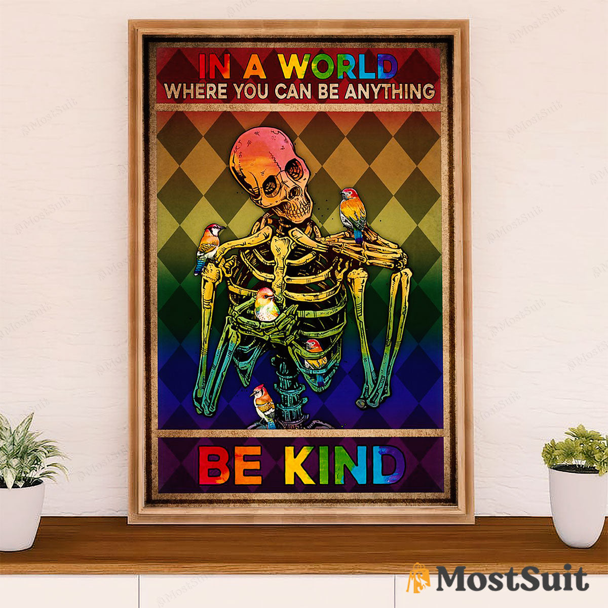 LGBT Gay Pride Month Poster Room Wall Art | Vintage Skeleton Be Kind