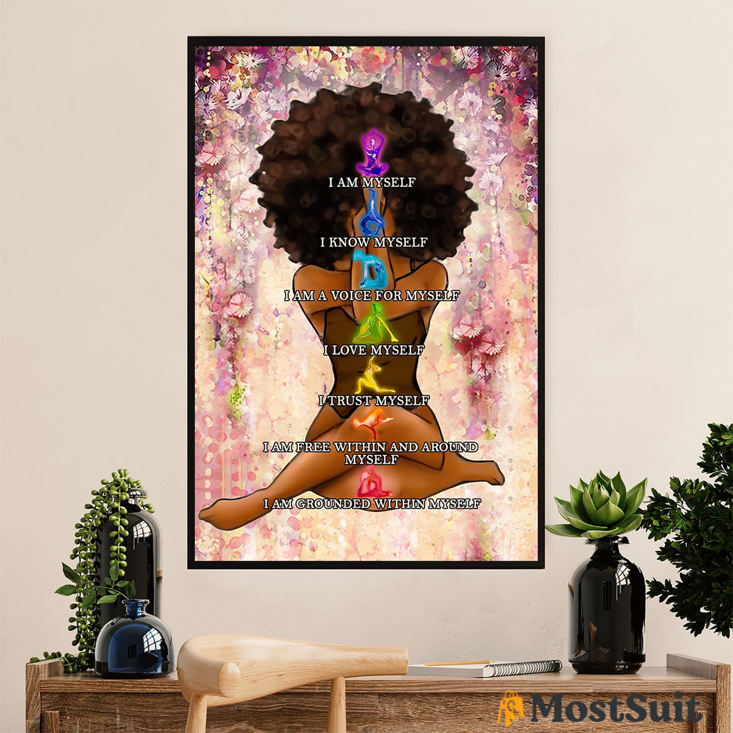African American Afro Poster | Gift for Black Girl | Juneteenth Day Room Wall Art - Black Woman Yoga Chakra