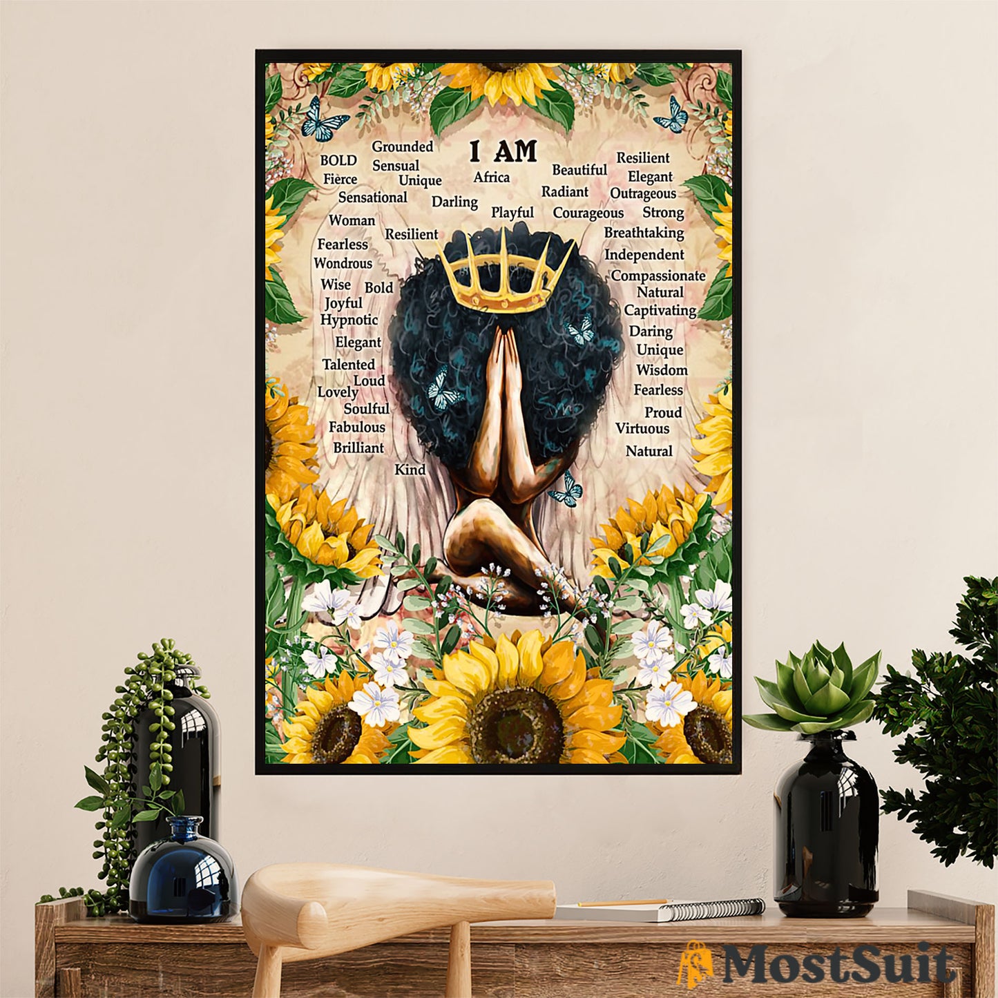 African American Afro Poster | Gift for Black Girl | Juneteenth Day Room Wall Art - Sunflower Wings Black Princess