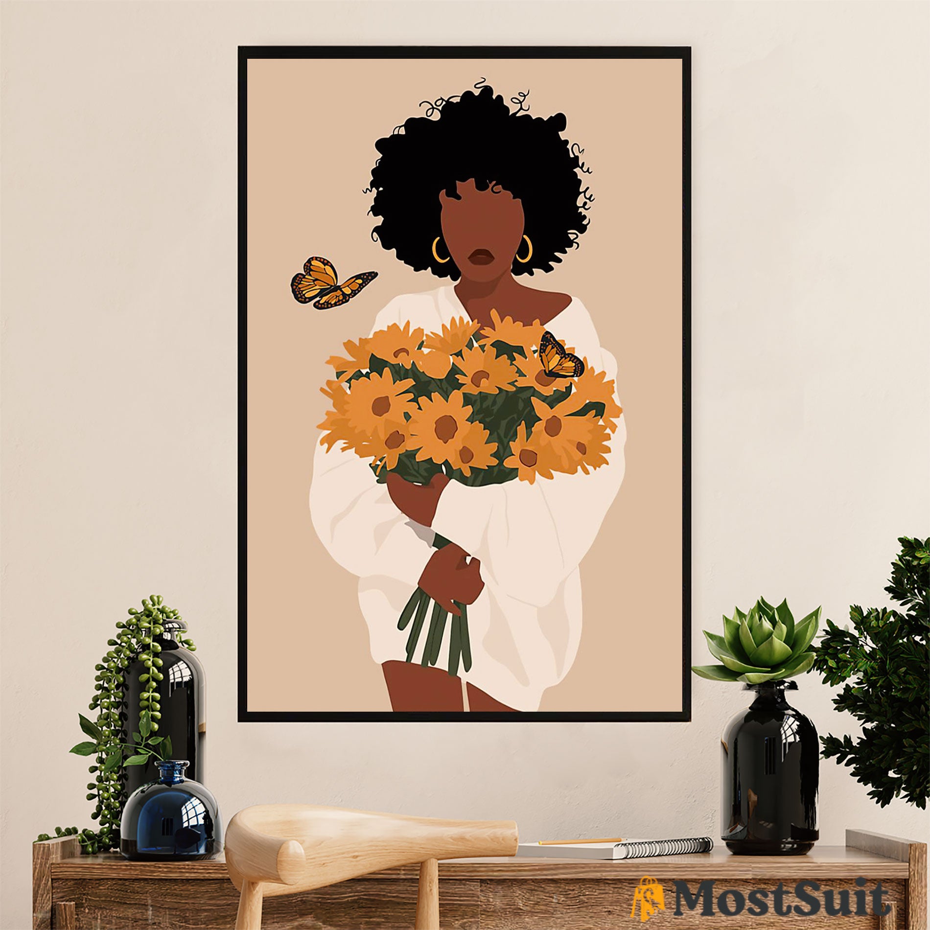 African American Afro Poster | Gift for Black Girl | Juneteenth Day Room Wall Art - Butterfly Sunflowers