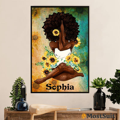 African American Afro Poster | Gift for Black Girl | Juneteenth Day Room Wall Art - Personalized Name Yoga Sunflower