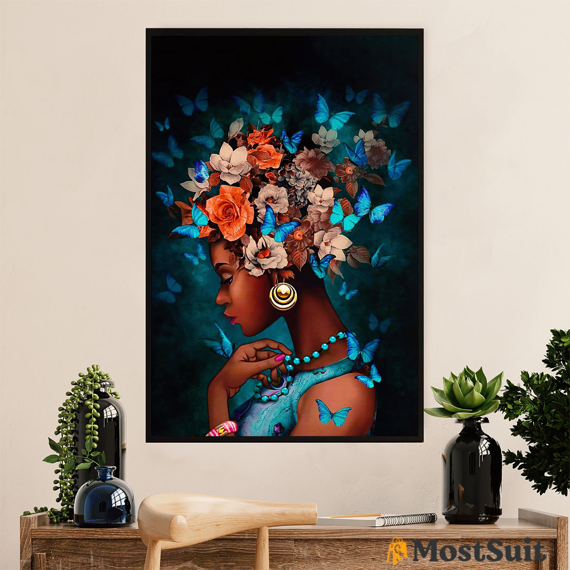 African American Afro Poster | Gift for Black Girl | Juneteenth Day Room Wall Art - Flowers Butterflies