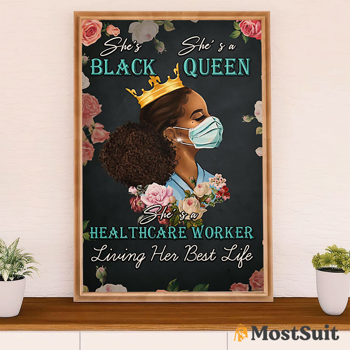 African American Afro Poster | Gift for Black Girl | Juneteenth Day Room Wall Art - Black Queen Healthcare Worker