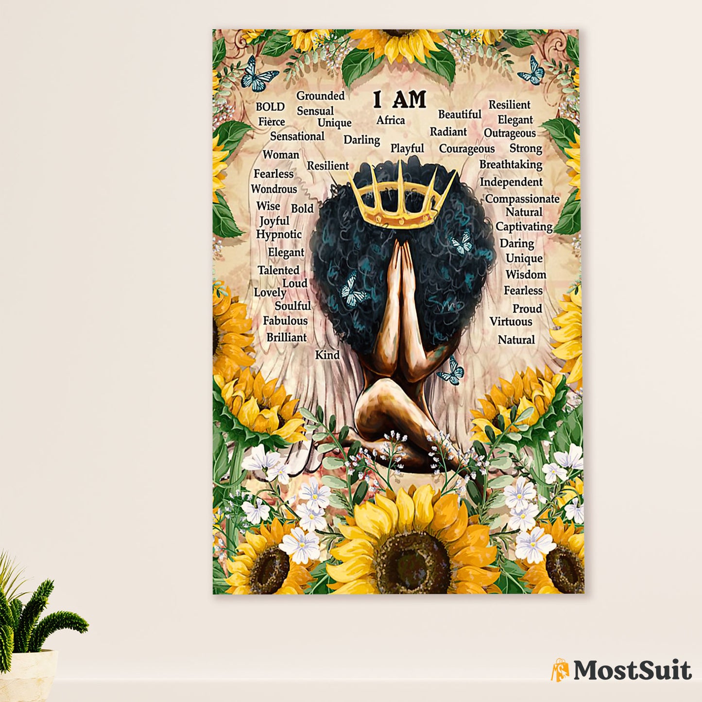 African American Afro Poster | Gift for Black Girl | Juneteenth Day Room Wall Art - Sunflower Wings Black Princess