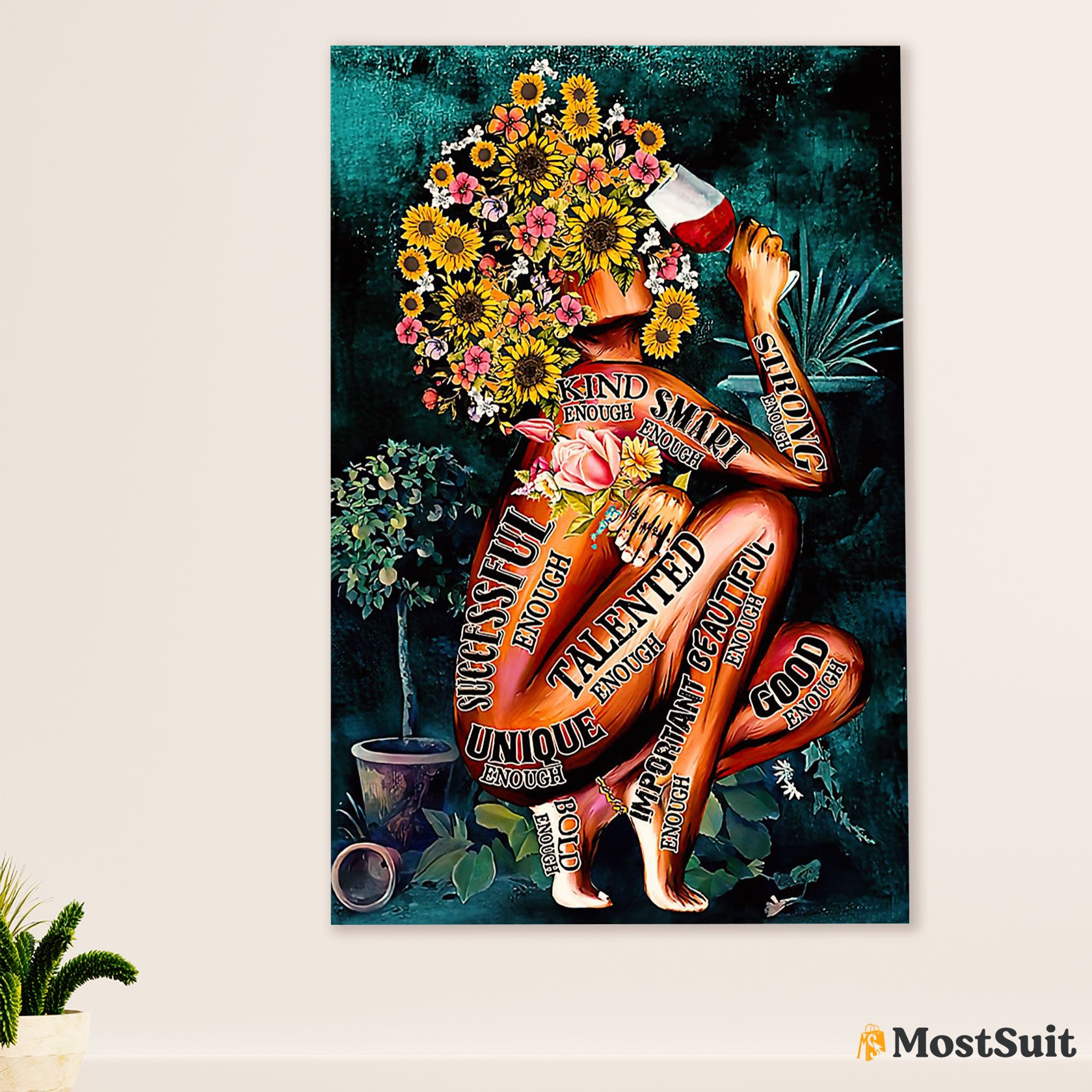 African American Afro Poster | Gift for Black Girl | Juneteenth Day Room Wall Art - Wine Flowers