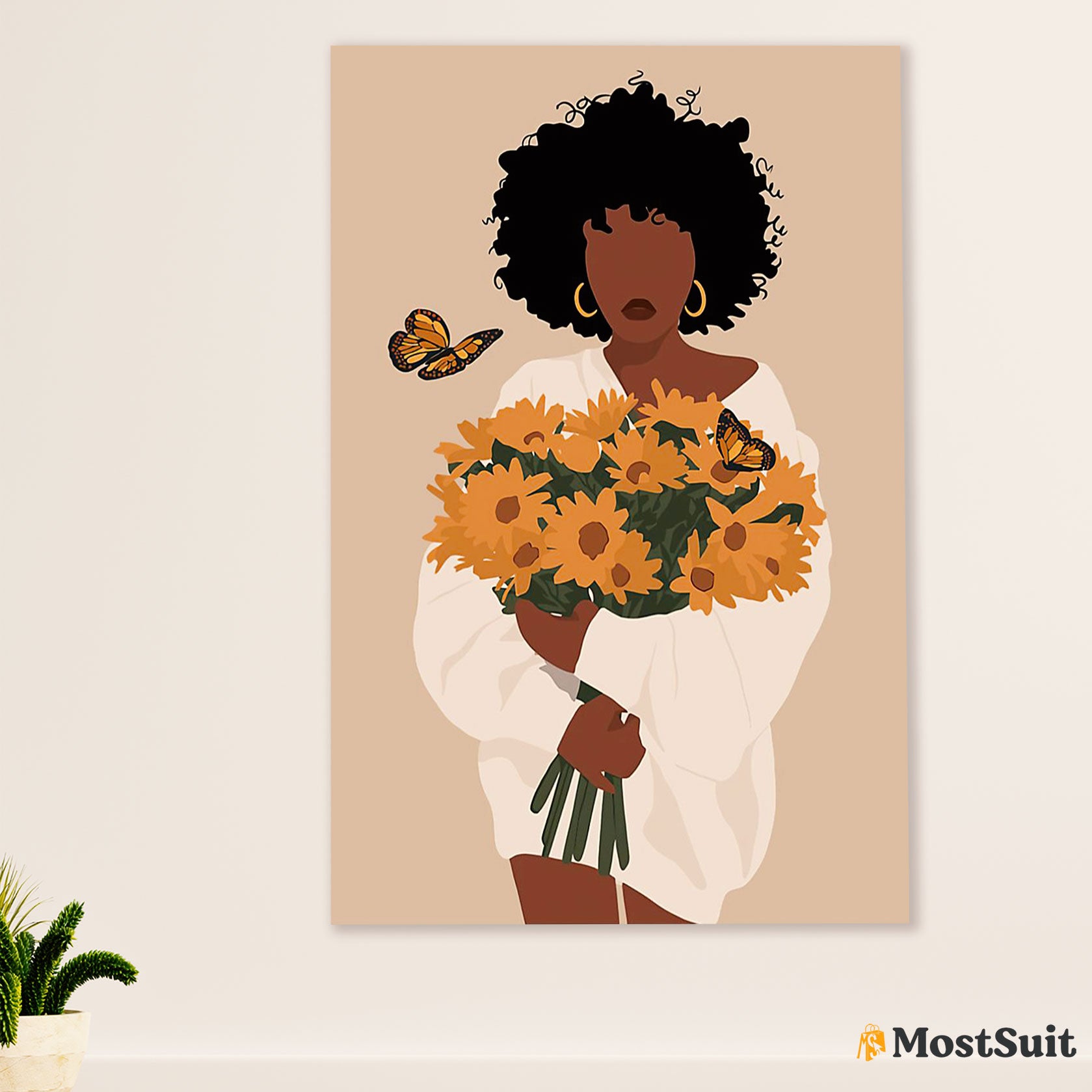 African American Afro Poster | Gift for Black Girl | Juneteenth Day Room Wall Art - Butterfly Sunflowers