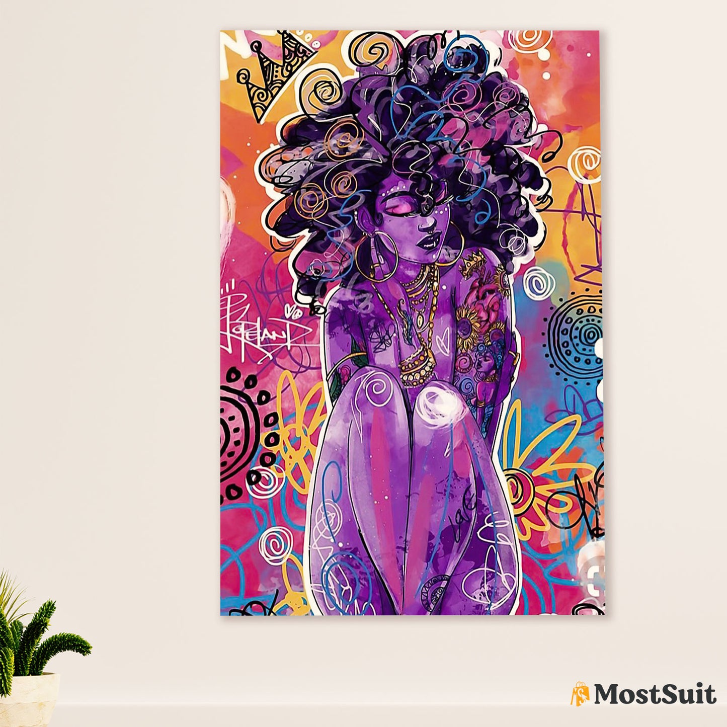 African American Afro Poster | Gift for Black Girl | Juneteenth Day Room Wall Art - Colourful Black Girl
