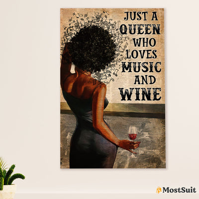 African American Afro Poster | Gift for Black Girl | Juneteenth Day Room Wall Art - Black Queen Loves Music Wine