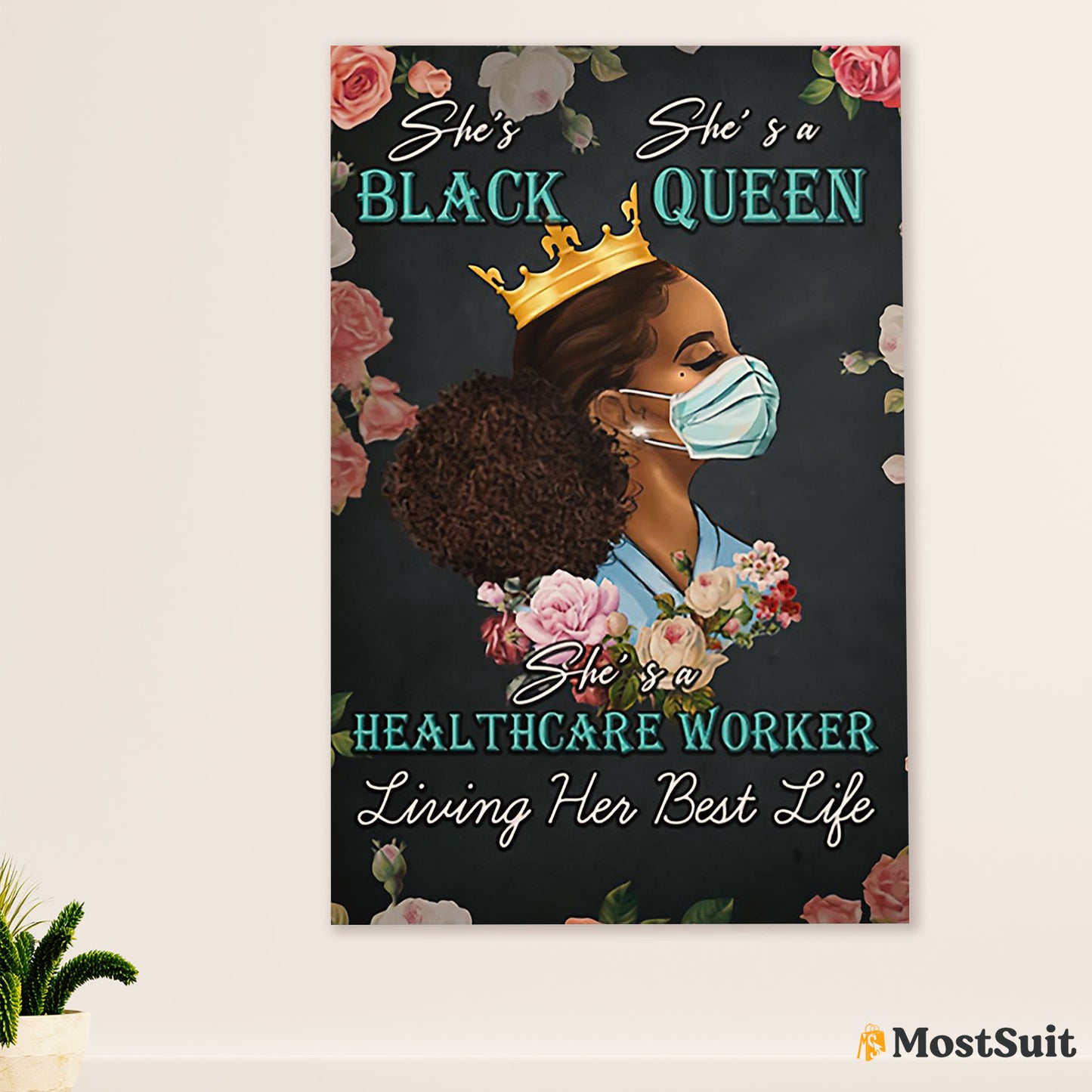 African American Afro Poster | Gift for Black Girl | Juneteenth Day Room Wall Art - Black Queen Healthcare Worker
