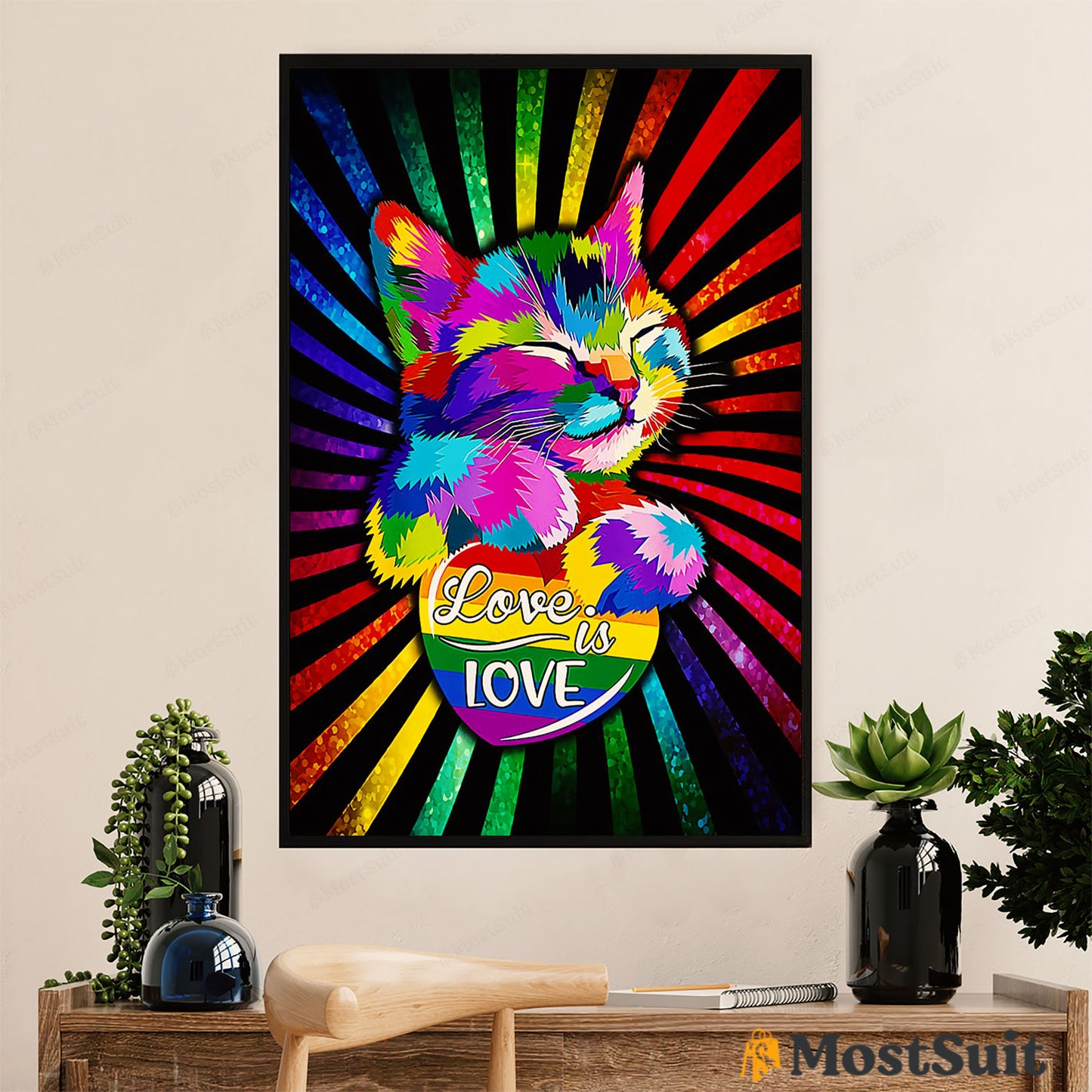 LGBT Gay Pride Month Poster Room Wall Art | Cat Gay Love Blink