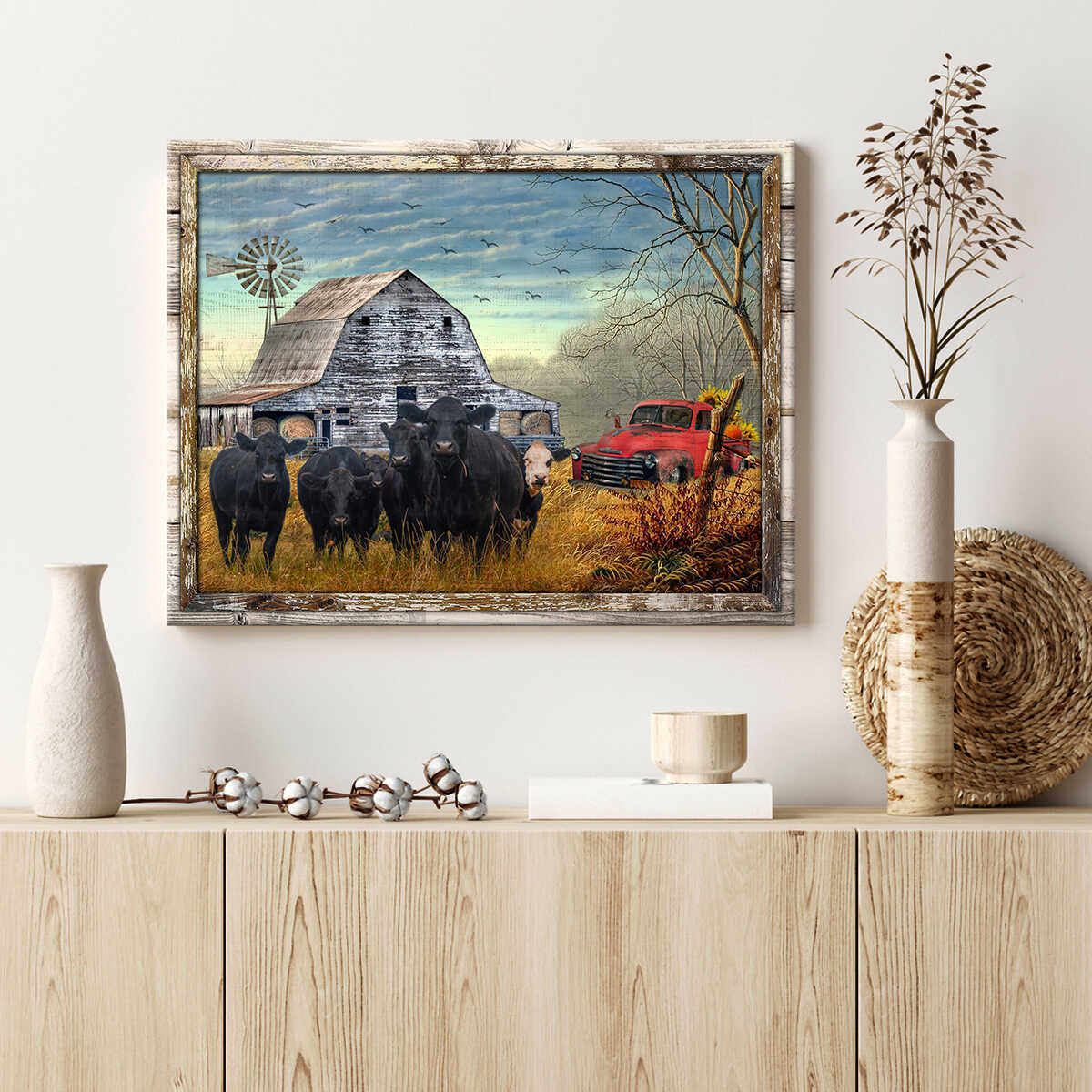 Canvas Poster Prints Beautiful Farmhouse Angus Cattle and Sunflower Pick up Truck Wall Art Decor
