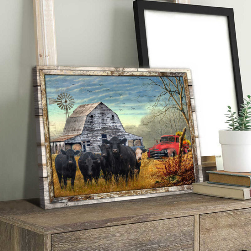 Canvas Poster Prints Beautiful Farmhouse Angus Cattle and Sunflower Pick up Truck Wall Art Decor