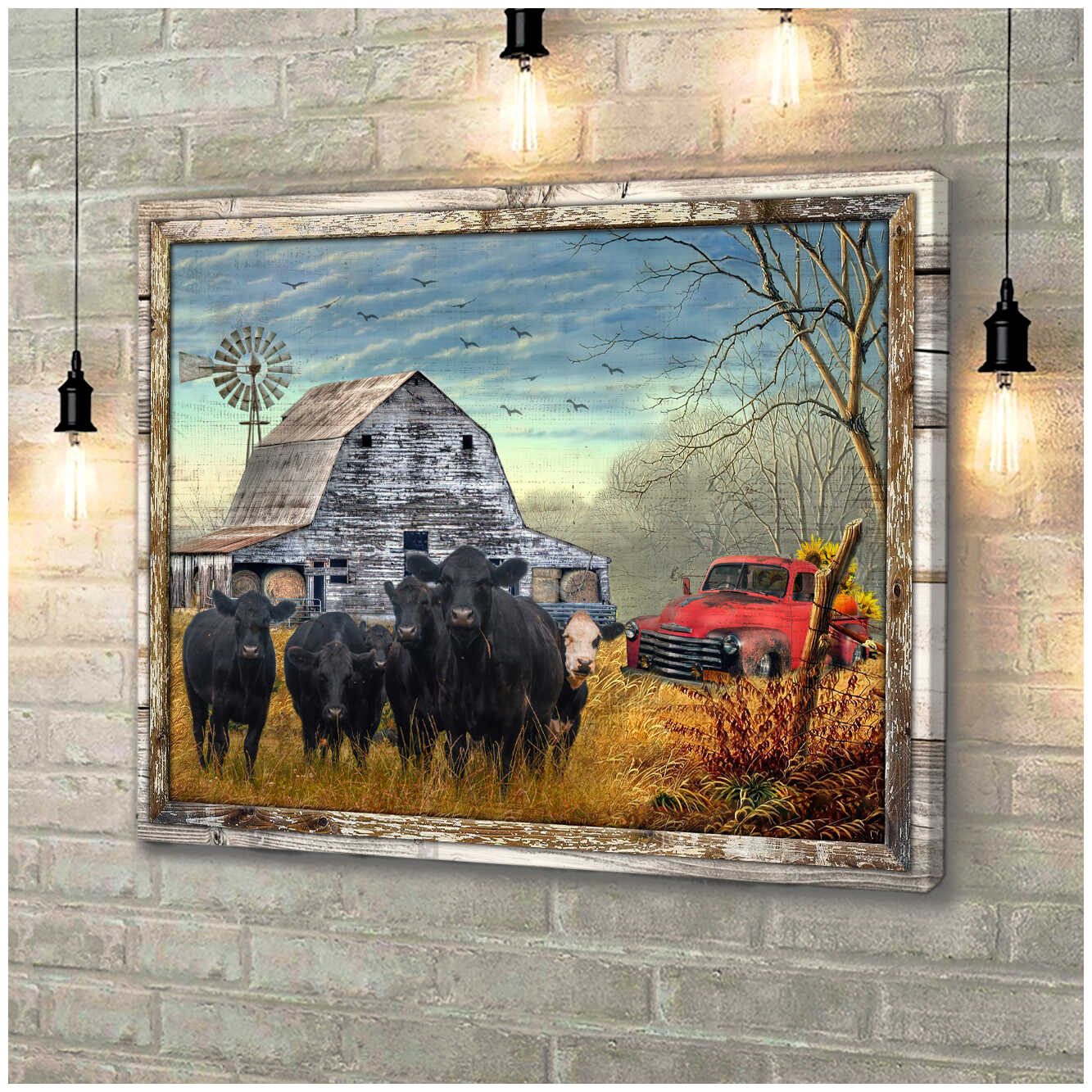 Canvas Prints Beautiful Farmhouse Angus Cattle and Sunflower Pick up Truck Wall Art Decor