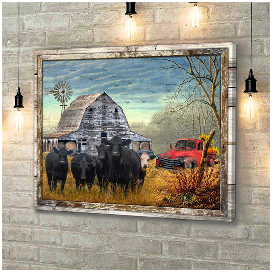 Canvas Prints Beautiful Farmhouse Angus Cattle and Sunflower Pick up Truck Wall Art Decor